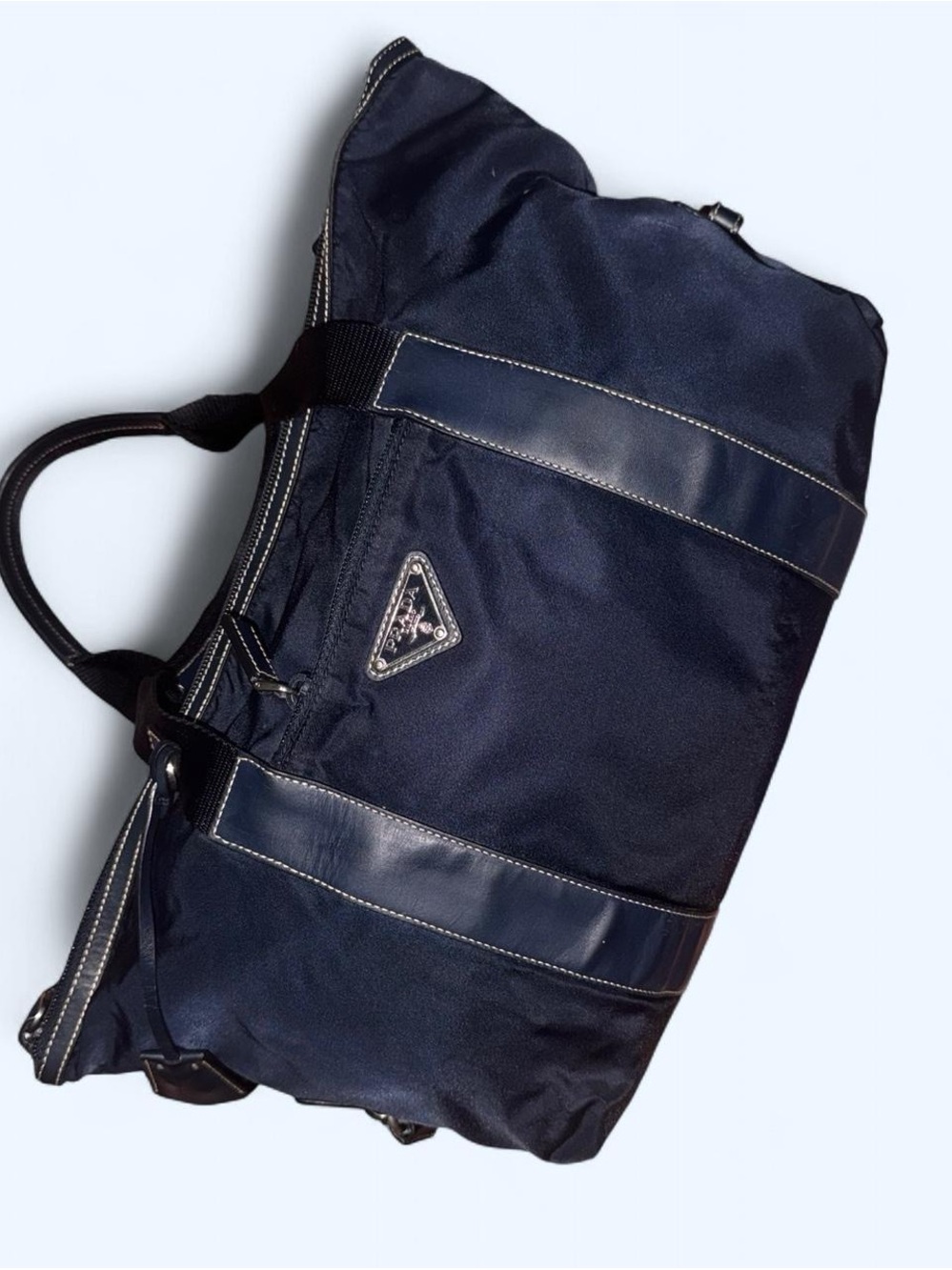Prada Navy Blue Nylon and Leather Tote with Silver Hardware